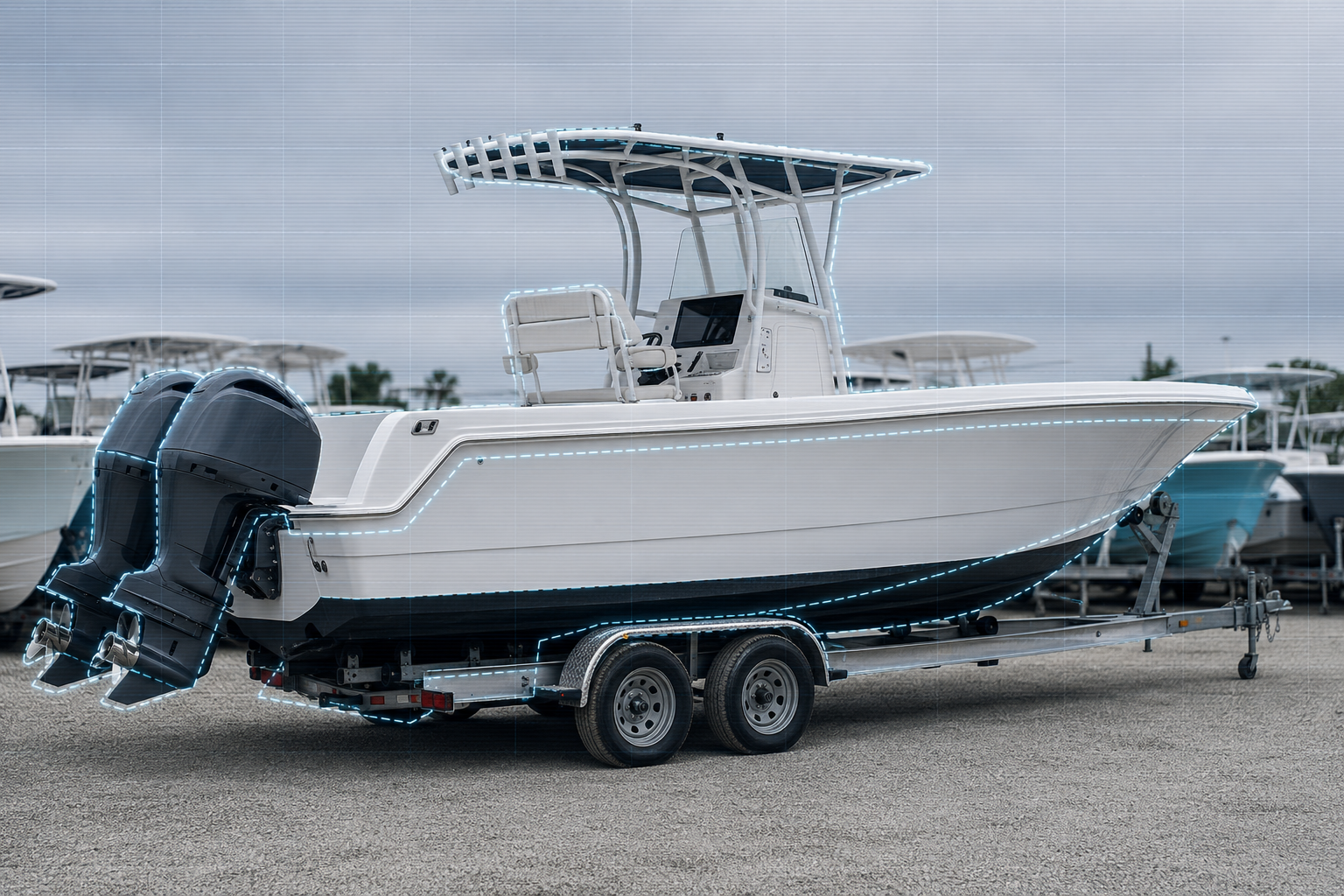 Boat on a dealership trailer with scan overlay marking the helm, hull, engines, and bow